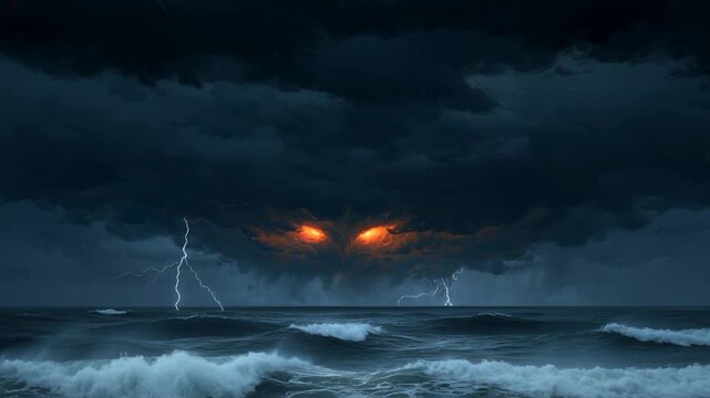 Dark clouds cover the ocean as two bright eyes look down at the waves. A storm starts to build as the night gets darker with lightning and thunder in the distance.