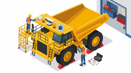 Isometric Illustration Of Mining Dump Truck Maintenance And Repair Workers. © Habissudah