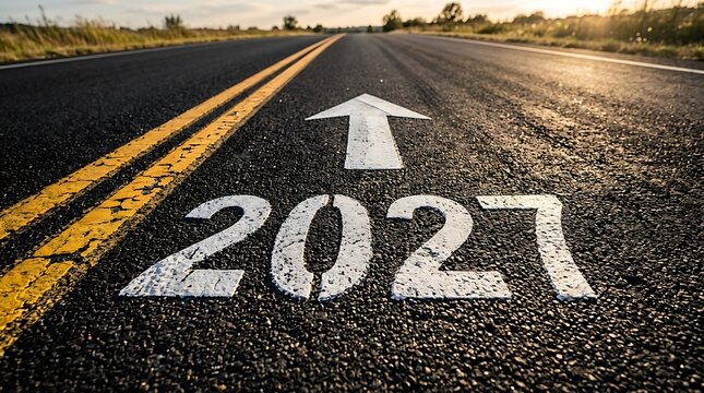 Two thousand twenty seven number painted on asphalt road surface with forward direction arrow