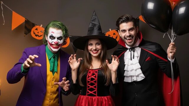 A seamless pattern friends in halloween costumes
