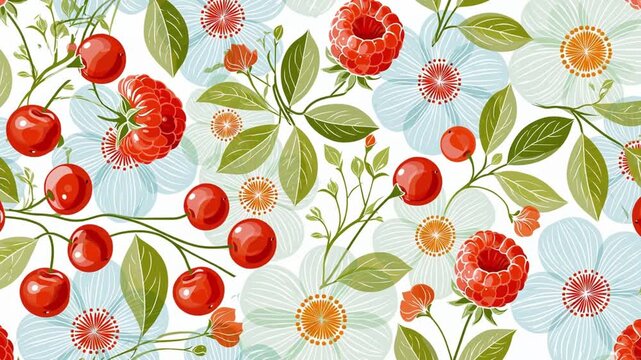 Stylish decorative seamless pattern with tea leaves, raspberries,  health acerola berries; sense of movement.