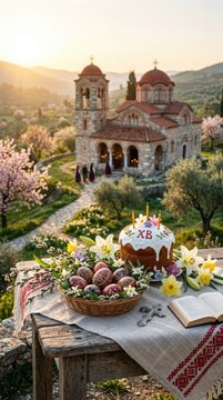 Easter cake surrounded by decorated egg basket, blooming lily flower, open bible book, holy cross symbol, traditional orthodox church background landscape at sunrise.