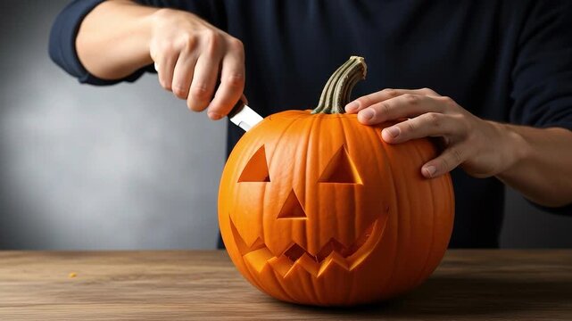 A seamless pattern person carving a jackolantern pumpkin