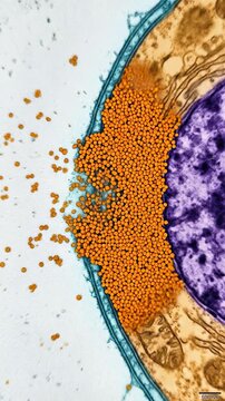 Nanoparticle demonstrating dangerous plastic material intrusion, visualizing environmental pollutant hazard entering living cell membrane, showing potential biological contamination.