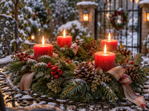 Winterlicher Adventskranz mit vier brennenden roten Kerzen. Tannengr&uuml;n, Zapfen, rote Beeren und rustikale Schleifen schm&uuml;cken den festlichen Kranz auf einem verschneiten Gartentisch.