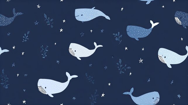 Seamless dark blue pattern with white whales, tiny stars and subtle marine elements, calm ocean illustration, nursery decor and playful surface design