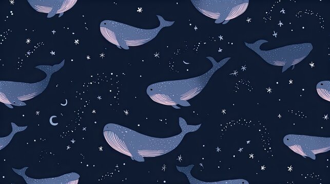 Seamless dark navy ocean pattern with stylized whales, stars and tiny marine details, whimsical sea life illustration and modern nursery surface design