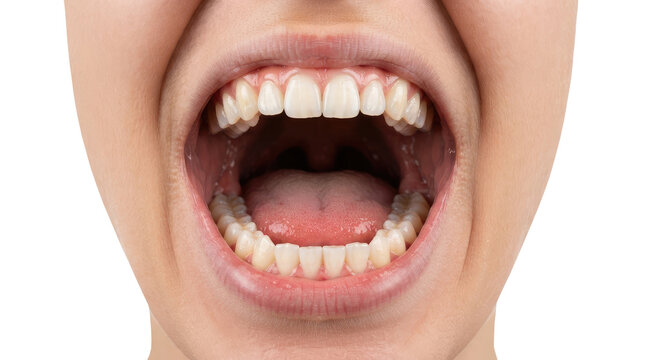 Extreme macro close-up of a wide open human mouth showing upper and lower dental arches with natural teeth, pink gums, flat tongue, and dark interior throat cavity isolated on a white background