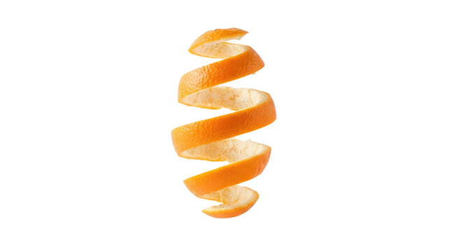 A single long continuous vibrant orange citrus fruit peel curled in a vertical spiral showing textured bright orange outer rind and pale spongy white pith inside isolated on transparent background