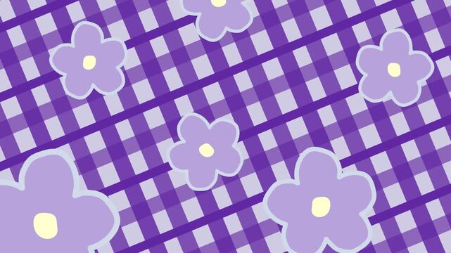 Seamless Looping 2D Animation of Rotating Purple Flowers on Purple Gingham Checkered Background, Cute Floral Pattern Motion Background for Spring, Summer, Wedding, Greeting Cards and Decorative Video