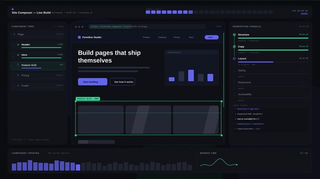 4K AI website builder dashboard animation showing live generation progress, component tree updates, and skeleton loading states on a dark graphite interface.