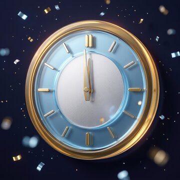 Gold and blue clock striking midnight at twelve with falling confetti on dark background for New Year countdown