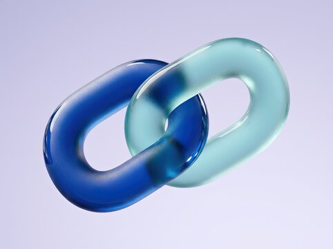 Two interlocking glass chain links in blue and teal on soft lavender background representing connection and teamwork