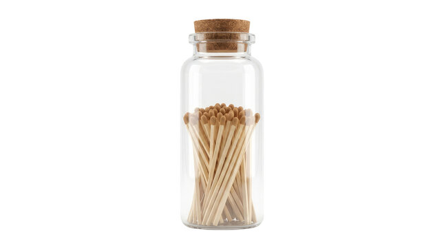 3D rendered clear glass bottle filled with wooden matches featuring light brown heads, sealed with a fitted brown cork stopper at the top, isolated upright against a plain solid white background