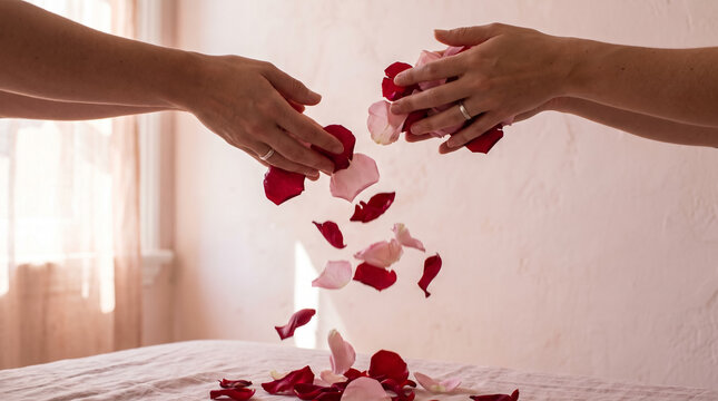 Hands with rings dropping pink and red rose petals onto bed in romantic bedroom. Concept of falling petals, couple, wedding. Copy space.