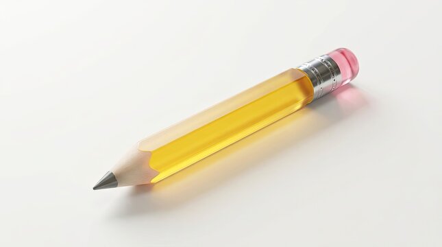Glossy yellow 3D pencil with pink eraser isolated on clean white background
