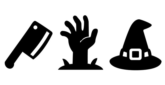 Halloween Silhouette Icons Set, Meat Cleaver Icon, Zombie Hand Rising From Grave Icon, Witch Hat Icon, Horror Movie Icons, Spooky Halloween Clip Art, Black And White Halloween Icons, Creepy Halloween 