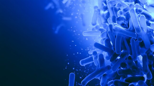 Rod shaped bacteria cells in blue liquid with floating particles