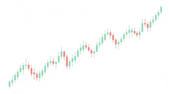 Minimalist financial candlestick chart showing an upward trend of market prices on a clean white background with chart displays fluctuating