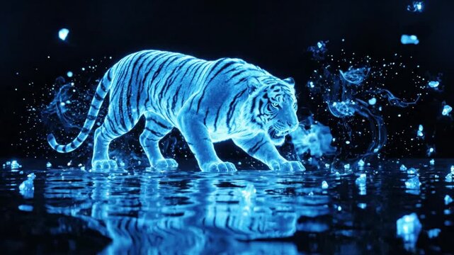 A dark, mystical environment featuring a luminous neon blue tiger crouching on reflective water
