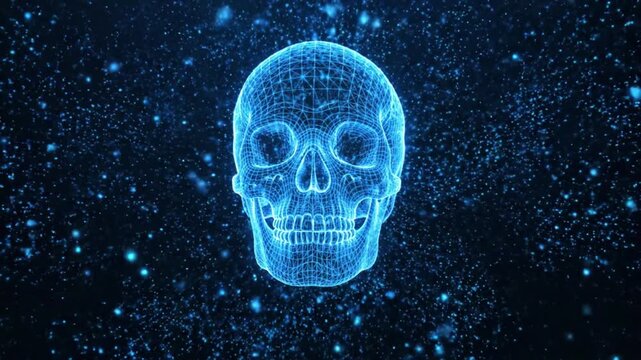 A dark blue digital void with floating dust particles where glowing blue points coalesce to form a 3D skull wireframe