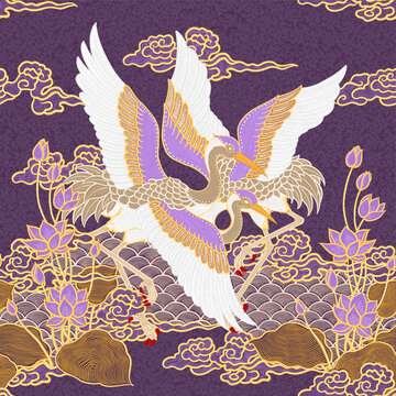 Traditional Batik Crane and Lotus Seamless Background