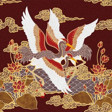 Traditional Batik Crane and Lotus Seamless Background