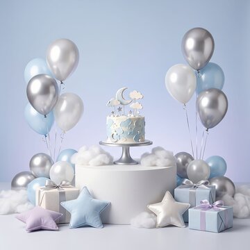 Baby shower cake with moon and stars topper surrounded by blue and silver balloons and gift boxes