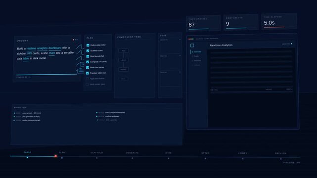 Transforming a natural-language prompt into a real-time app development dashboard showcasing a cinematic software creation process with vibrant colors and dynamic animations.