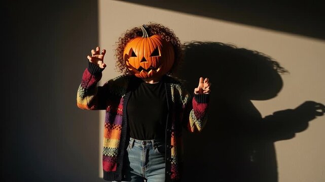 A seamless pattern person wearing a pumpkin mask and colorful cardigan