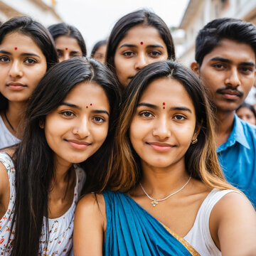 two young women with dark hair bindis and nose rings smiling close together in traditional clothing with other young people including a man outdoors