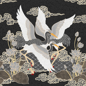 Traditional Batik Crane and Lotus Seamless Background