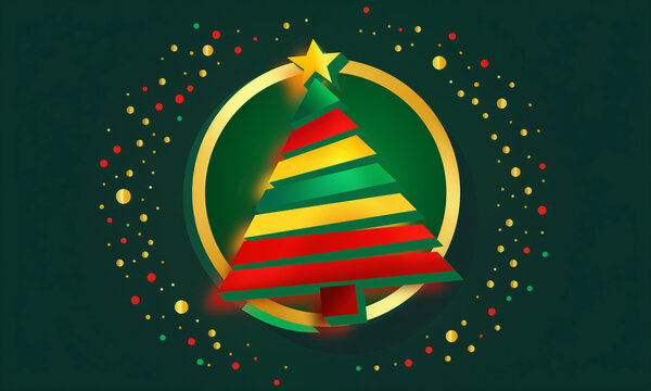 stylized layered christmas tree with yellow star top and gold ring on dark green background with colorful dots