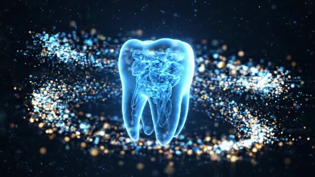 A glowing neon blue 3D digital model of a human tooth floating in dark blue space with sparkling light particles