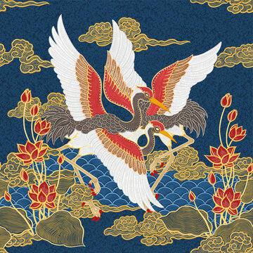 Traditional Batik Crane and Lotus Seamless Background