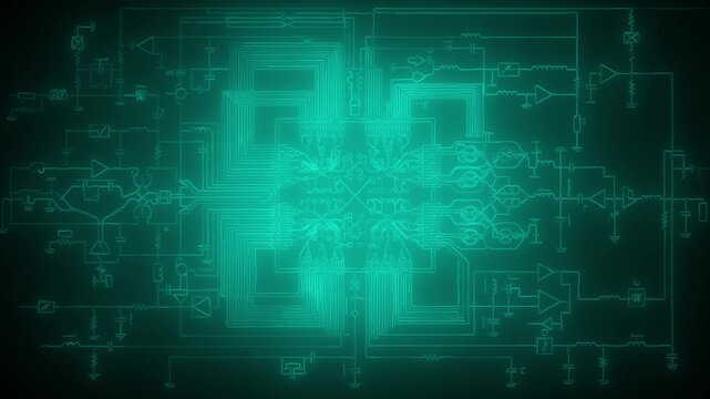 Futuristic electronic circuit schematic animation glowing neon blue
