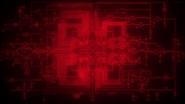 Glowing red circuit board animation with intricate electronic