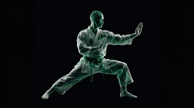 A martial artist in a traditional gi uniform demonstrating a fighting stance with glowing energy effects