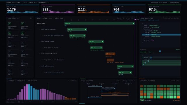 A sleek Agentic AI tool calling dashboard visualizes API actions and execution outcomes with vibrant colors and dynamic animations for real-time tracking and analysis.
