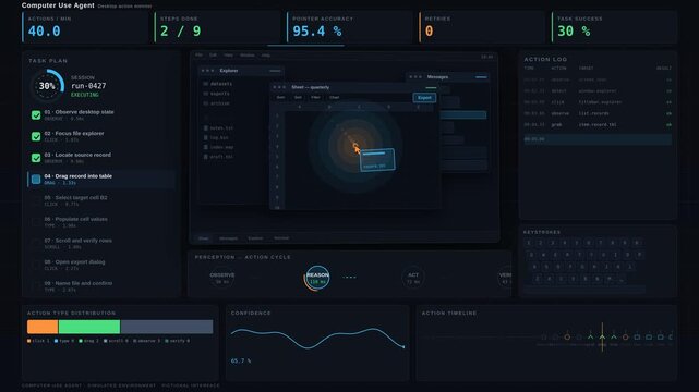 An advanced AI computer use agent dashboard visualizes desktop actions with a dynamic task completion checklist and interactive UI elements in a sleek, modern design.