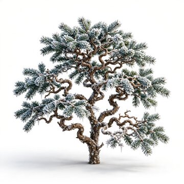 Frost Covered Gnarled Evergreen Tree with Icicles Isolated on White Background