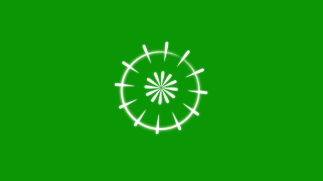Burst motion graphics video template, circle fireworks explosion line shape blast animation, shiny pop-up glowing rings, seamless loop on green screen background, 4k cinematic overlay
