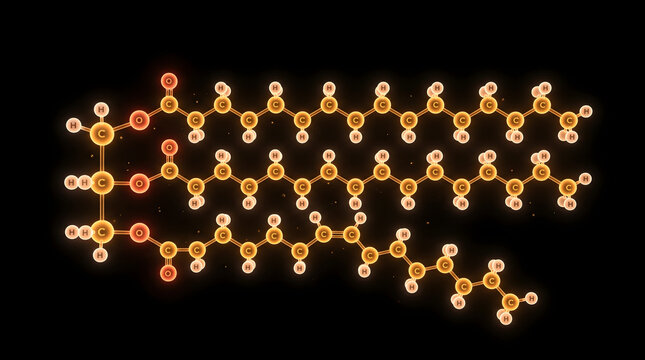Glowing triglyceride fat molecule with glycerol backbone, two saturated and one unsaturated fatty acid chain, ball and stick model on black background