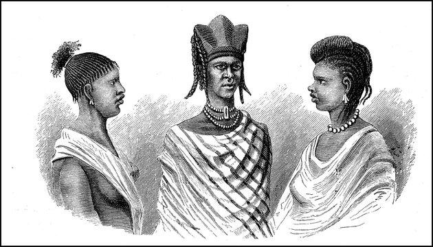 Women, Types from West Africa, Woman from Massina, Soninke girl, Khassonke girl, Women in the 19th century, Historical, digitally restored reproduction of a 19th century original, Original date unknown