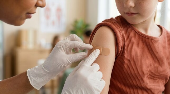 Doctor applying an adhesive bandage to a girl's arm following a vaccination, close up.