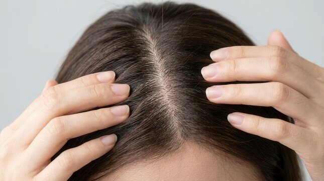 Asian girl experiencing thin hair problem and front hair loss, checking her scalp with hands.