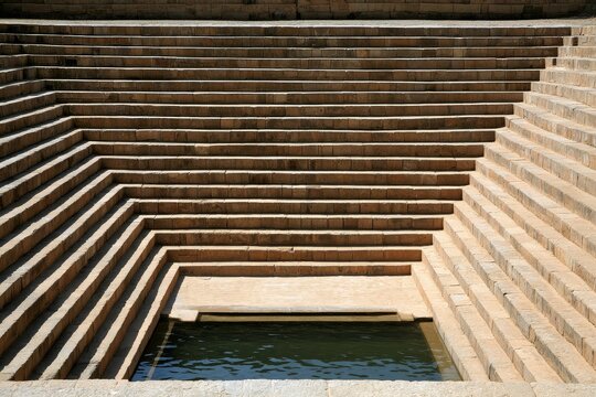Detailed study of historic stone stepwell courtyard in a calm designed setting