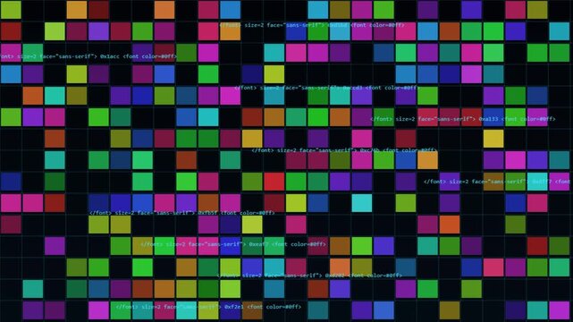 Colorful digital programming code background displaying changing colorful square blocks and hexadecimal text strings on dark screen