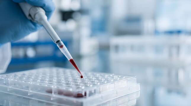 Scientist carefully dispensing liquid into a microplate for laboratory research