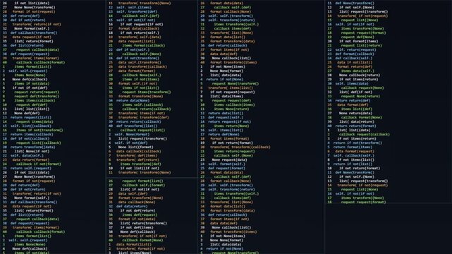 Multiple terminal windows displaying complex python programming code scroll rapidly on dark computer screens during development